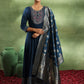 Womens Navy Blue Yoke Design Viscose Anarkali Kurta With Trousers & Dupatta