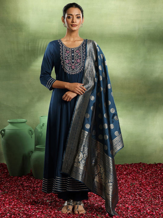 Womens Navy Blue Yoke Design Viscose Anarkali Kurta With Trousers & Dupatta
