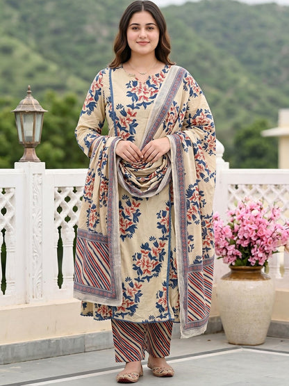 Women Floral Printed Regular Pure Cotton Kurta with Trousers & With Dupatta