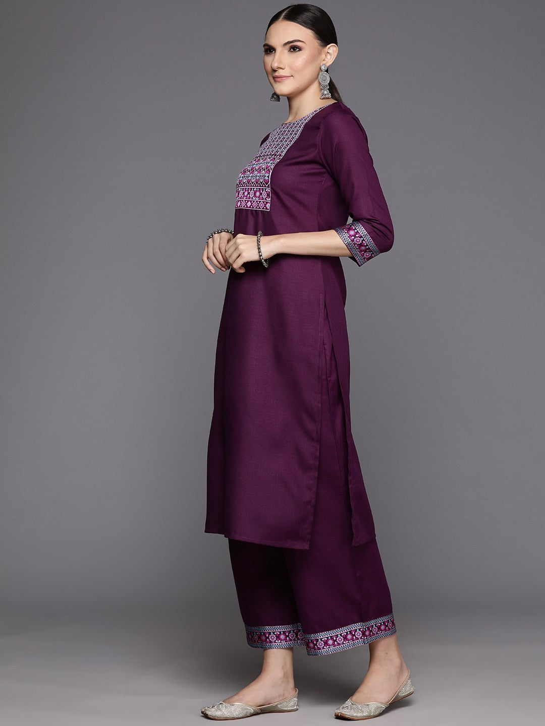 Women Purple Yoke Design Regular Kurta with Palazzos & With Dupatta