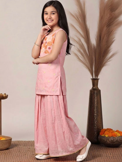 Girls Embroidered Regular Thread Work Kurta with Palazzos