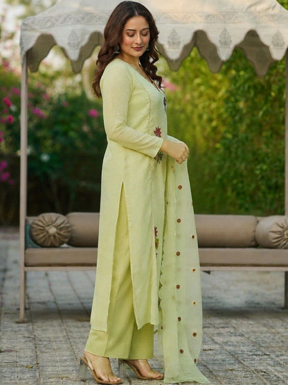 Women Floral Embroidered Regular Thread Work Raw Silk Kurta with Palazzos & With Dupatta