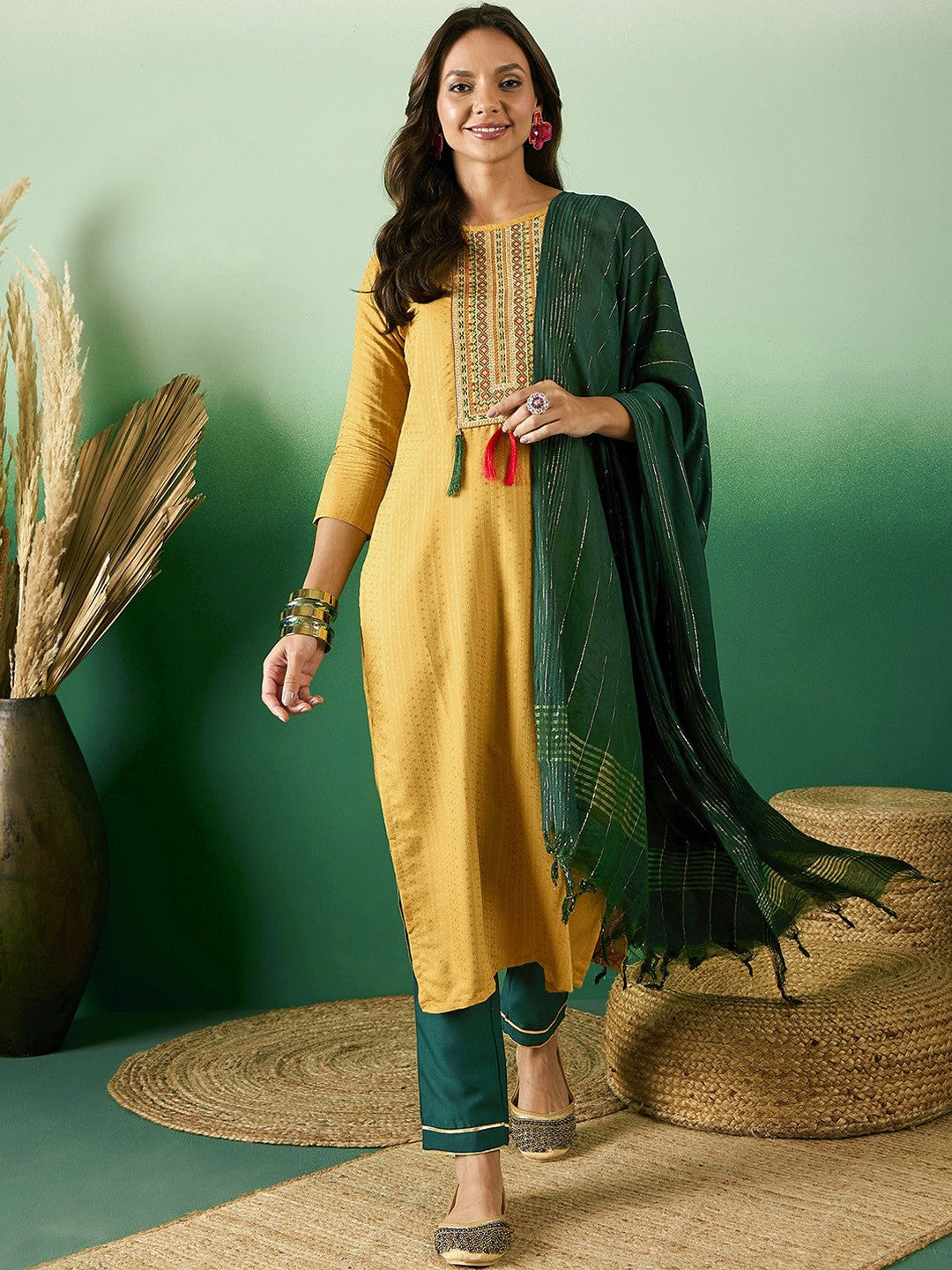 Yellow Ethnic Motifs Woven Design Straight Kurta With Trouser & Dupatta