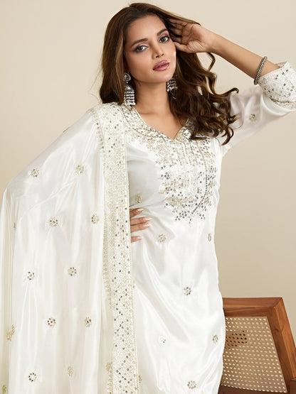 Women Ethnic Motifs Embroidered Silk A-Line Kurta with Sharara & Dupatta