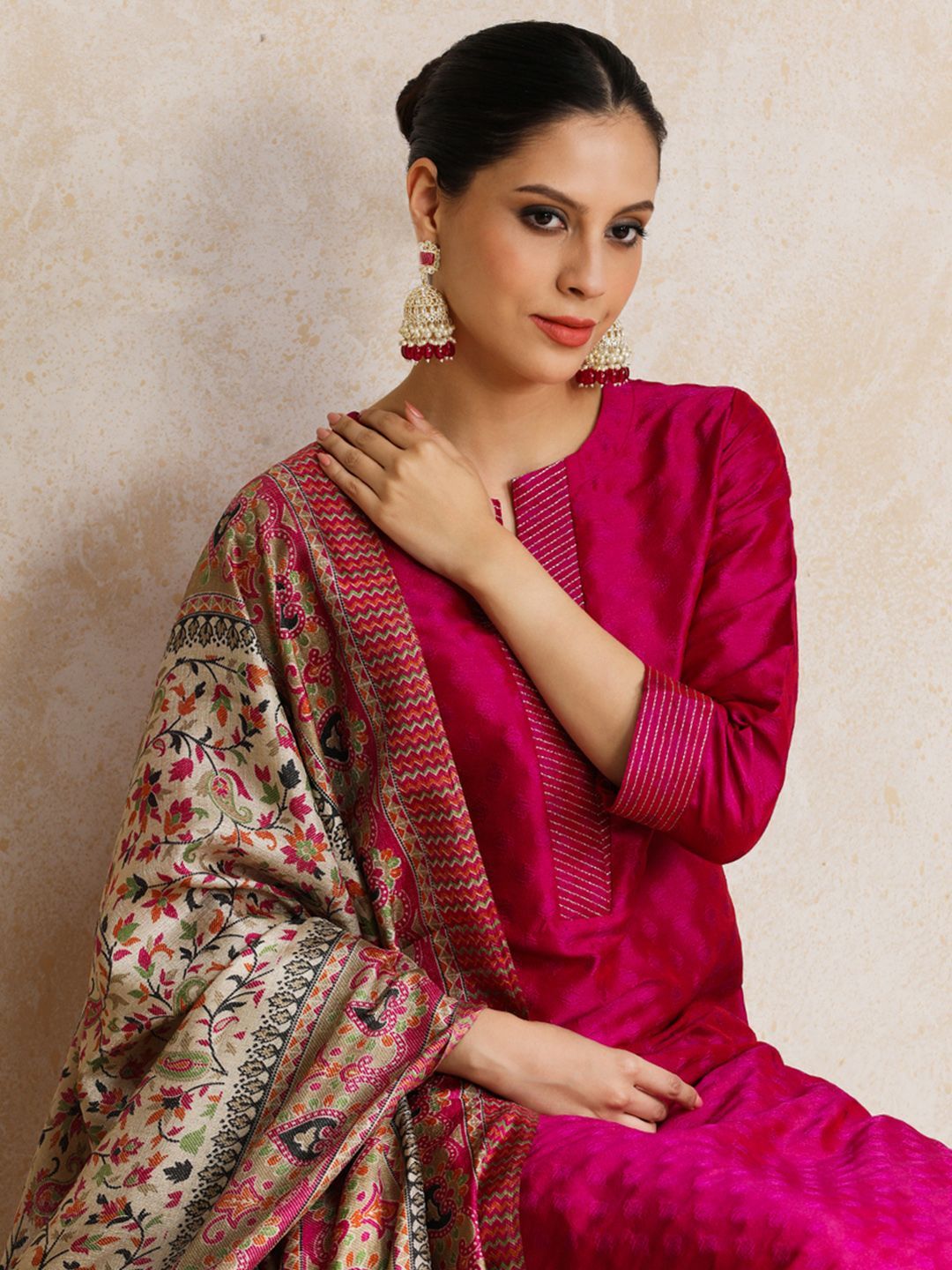 Women Pink Zari Work textured Kurta with Trouser and Printed Dupatta