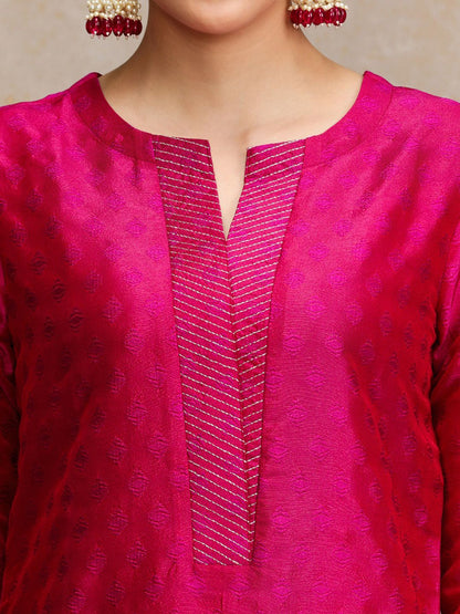 Women Pink Zari Work textured Kurta with Trouser and Printed Dupatta