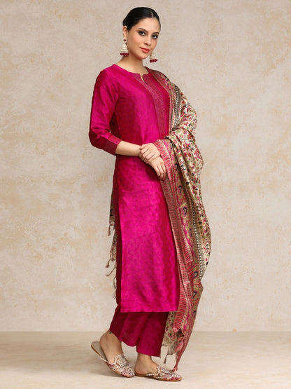 Women Pink Zari Work textured Kurta with Trouser and Printed Dupatta