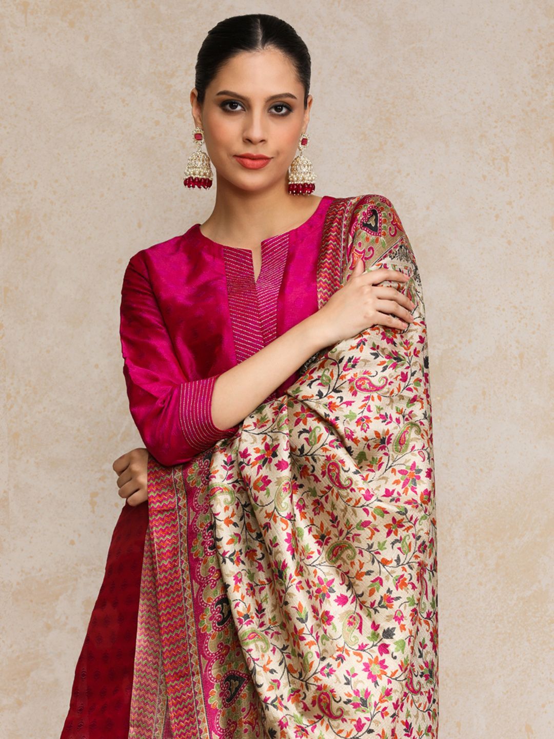 Women Pink Zari Work textured Kurta with Trouser and Printed Dupatta