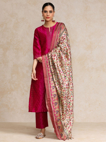 Women Pink Zari Work textured Kurta with Trouser and Printed Dupatta