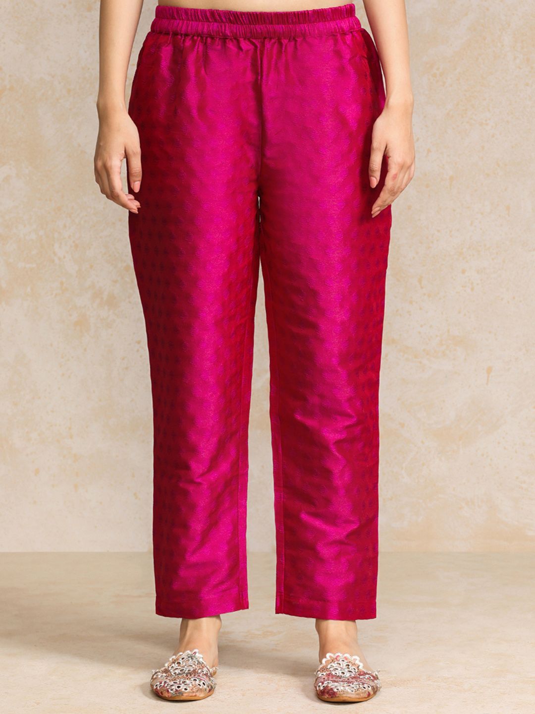 Women Pink Zari Work textured Kurta with Trouser and Printed Dupatta