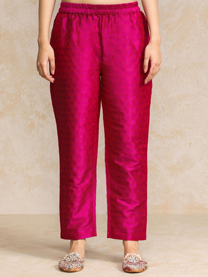 Women Pink Zari Work textured Kurta with Trouser and Printed Dupatta