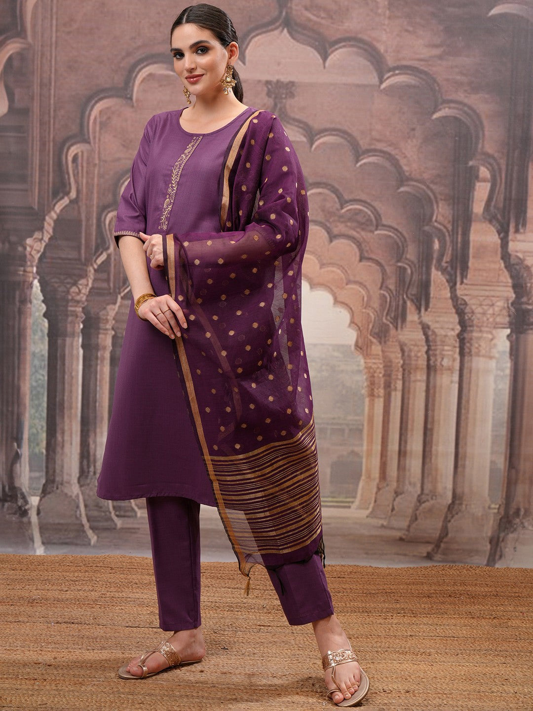 Purple Embroidered Round Neck Straight Kurta with Trouser & Dupatta