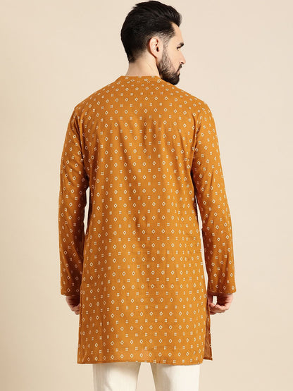 Men Mustard Yellow & White Geometric Printed Kurta