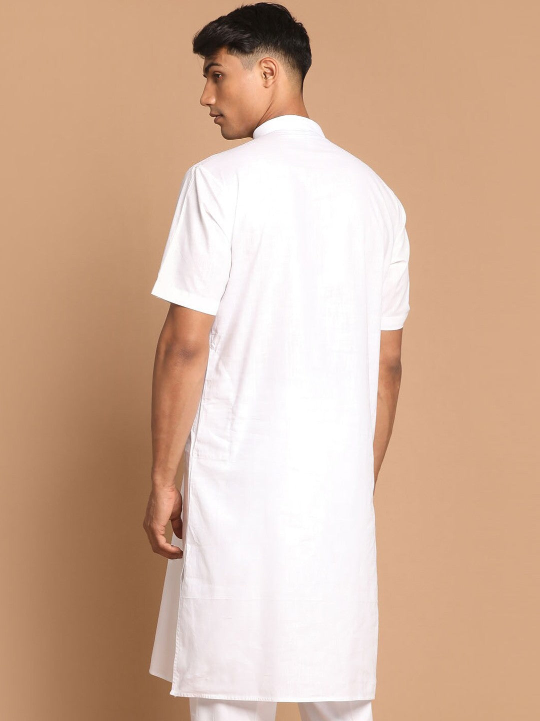 Men White Solid Cotton Linen Blend Half Sleeves Kurta