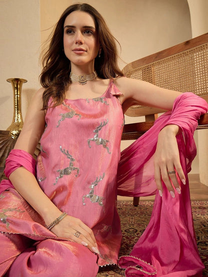 Women Ethnic Motifs Regular Sequinned Kurta with Sharara & With Dupatta