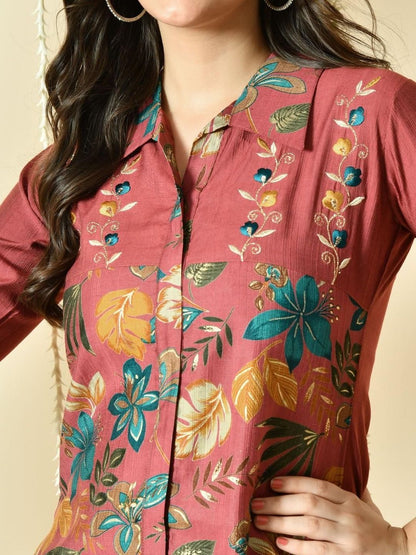 Women Bohemian Embroidered Top with Trousers Co-ords Set