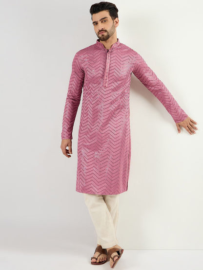 Chevron Embroidered Sequinned Straight Kurta