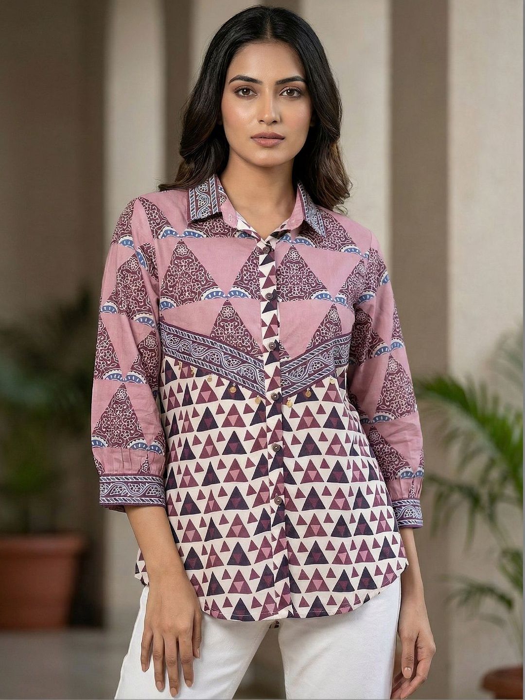 Women Shirt Collar Printed Tunic
