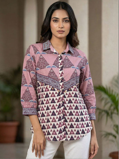Women Shirt Collar Printed Tunic