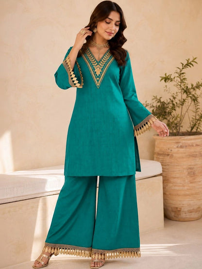 Women Ethnic Motifs Embroidered Regular Gotta Patti Kurta with Palazzos