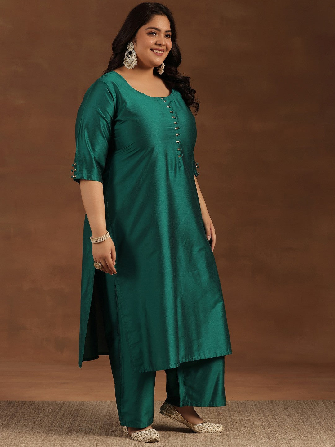 Plus Size Floral Embroidered Sequinned Kurta ,Palazzos & Dupatta