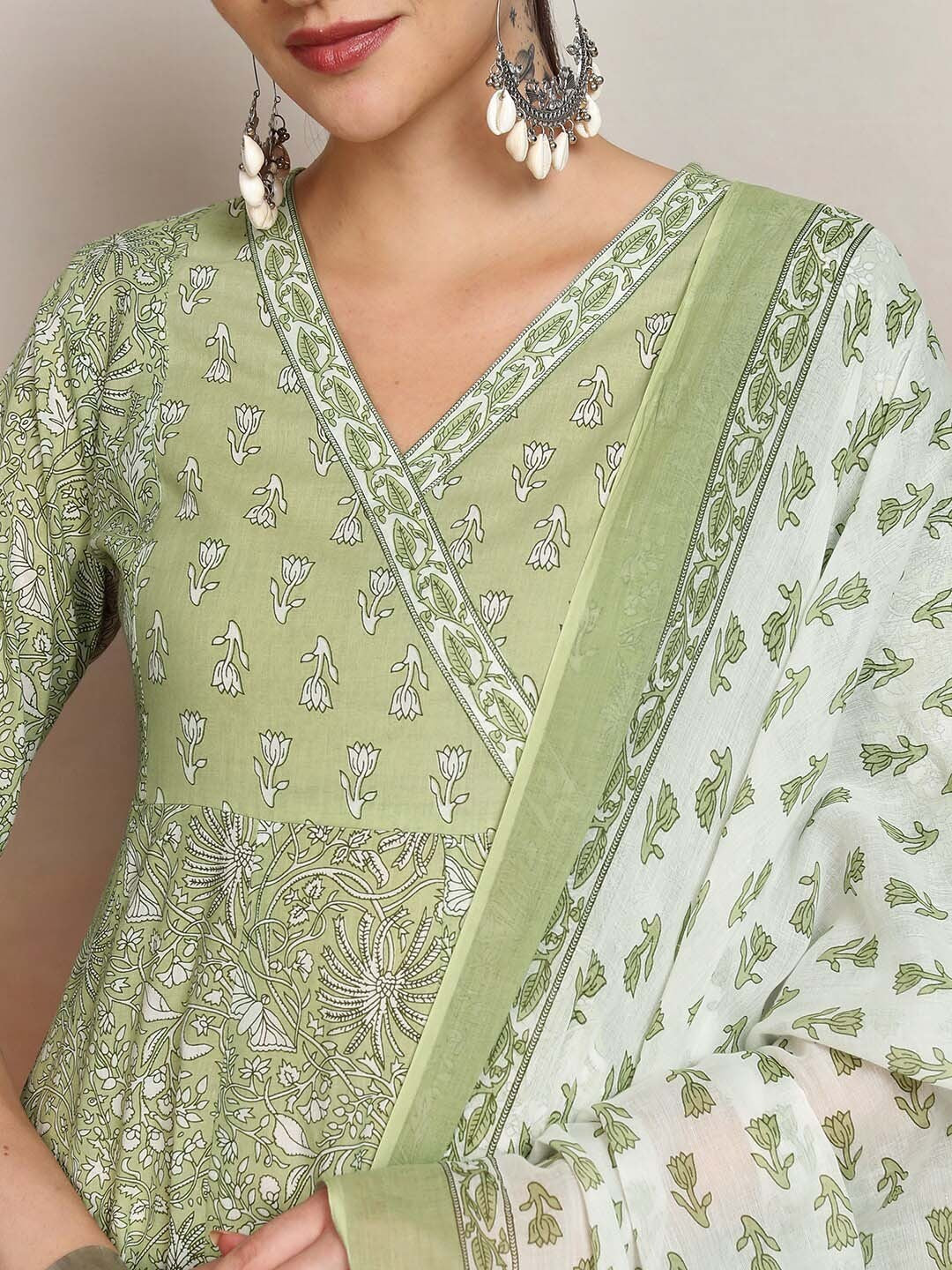 Women Floral Printed Angrakha Pure Cotton Kurta with Palazzos & With Dupatta