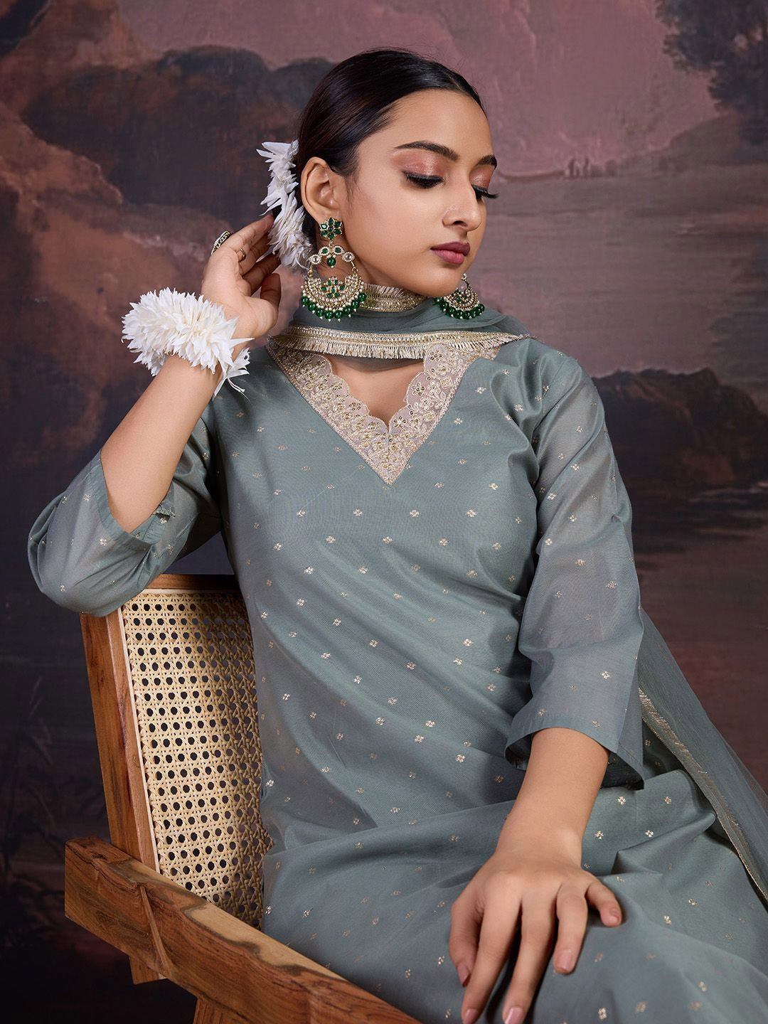 Floral Woven Design Straight Kurta With Trousers & Dupatta