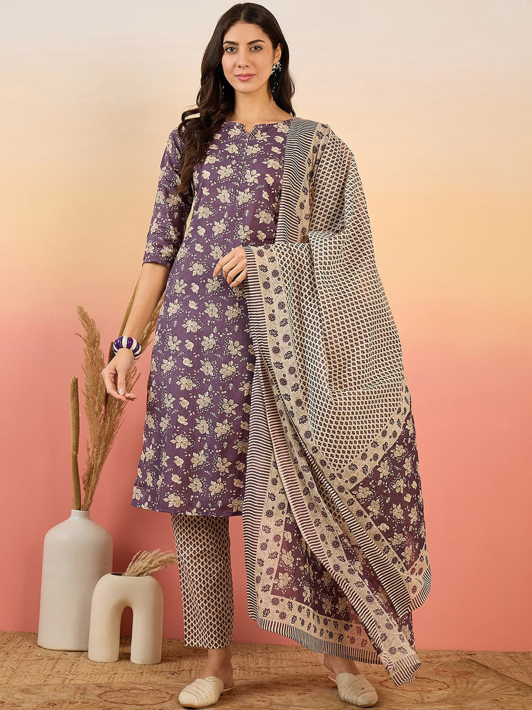 Floral Printed Pure Cotton Round Neck Kurta With Trousers & Dupatta