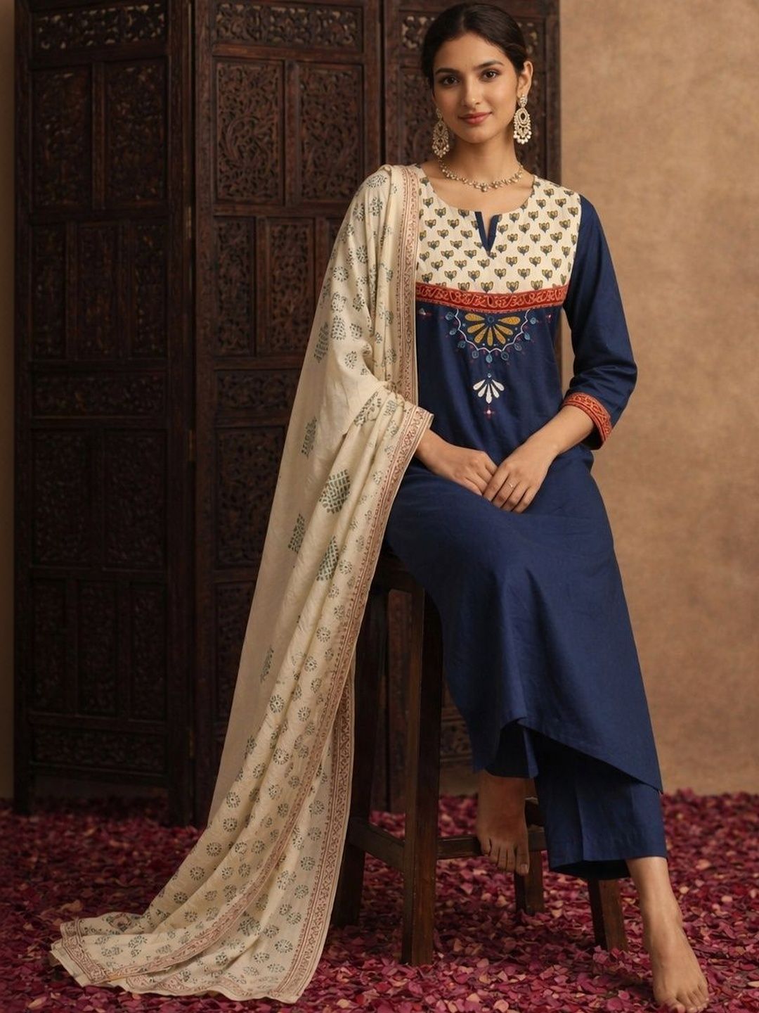 Women Ethnic Motifs Yoke Design Regular Pure Cotton Kurta with Trousers & With Dupatta