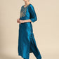 Women Blue & Golden Embroidered Jacquard Kurta with Trousers