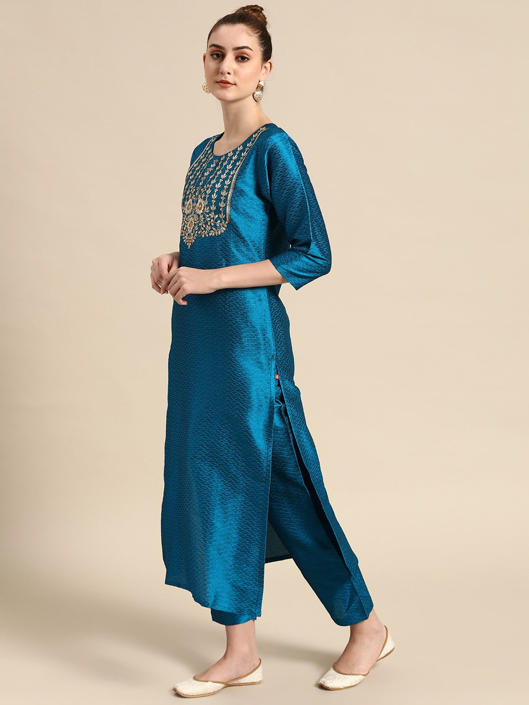 Women Blue & Golden Embroidered Jacquard Kurta with Trousers