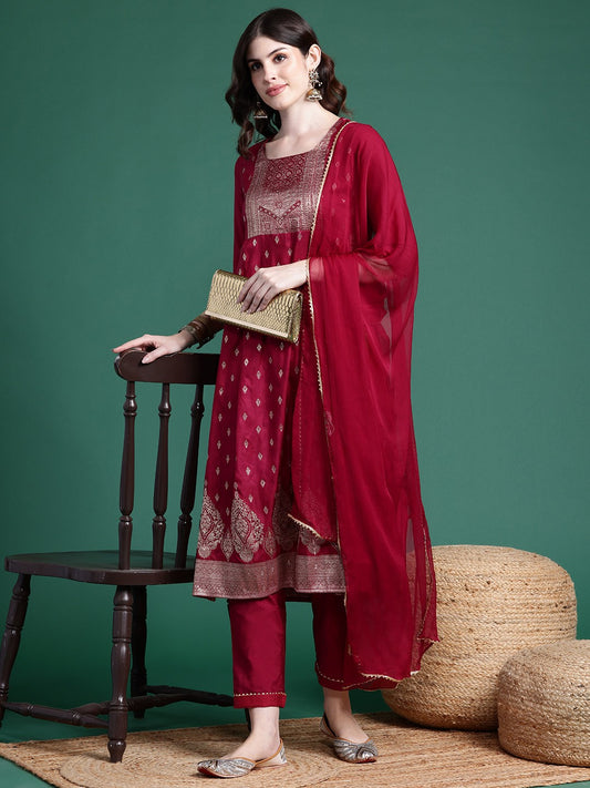 Ethnic Motifs Pleated Kurta with Trousers & Dupatta