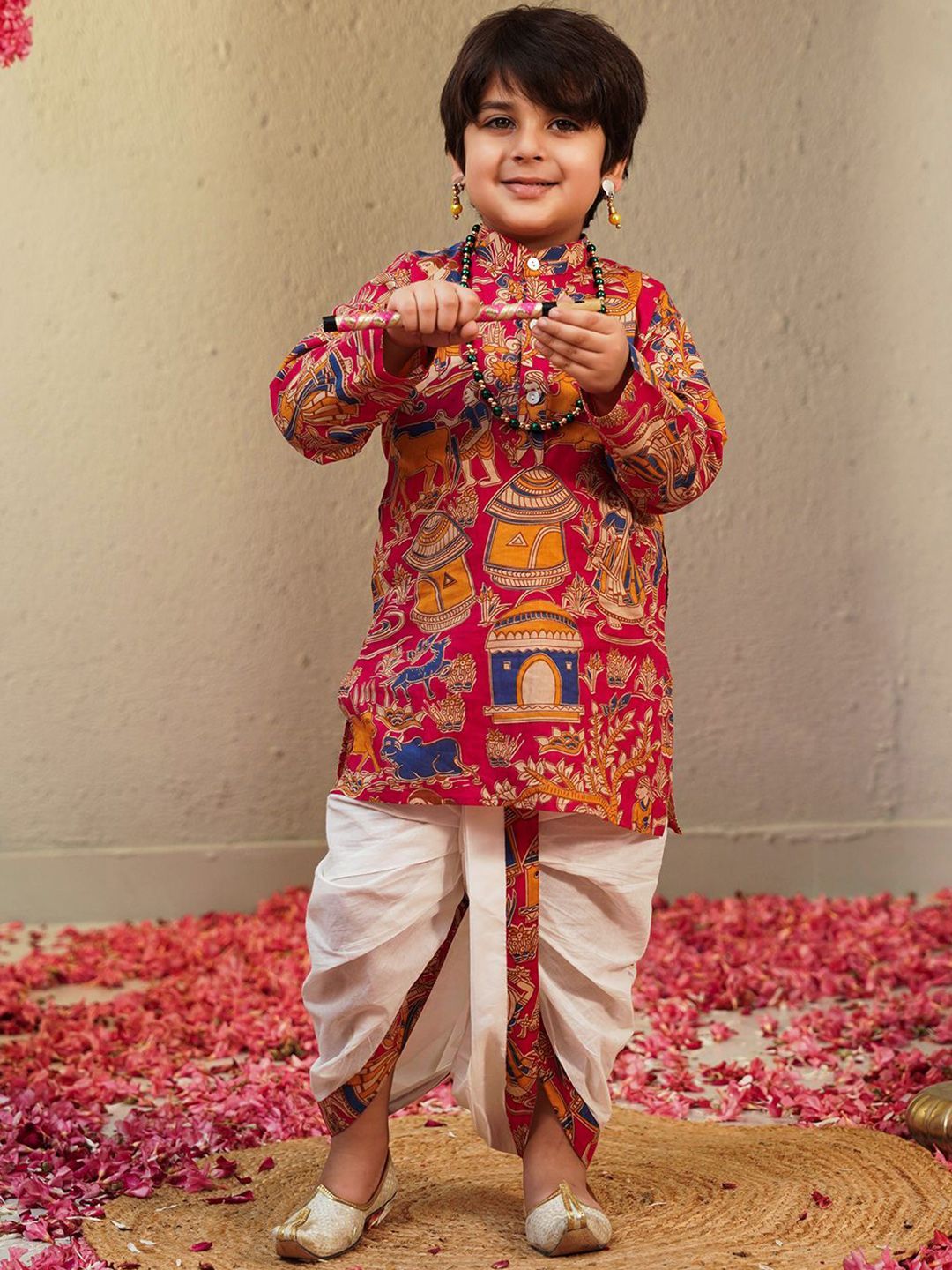 Boys Pink Ethnic Motifs Printed Pure Cotton Kurta With Dhoti Pants Set