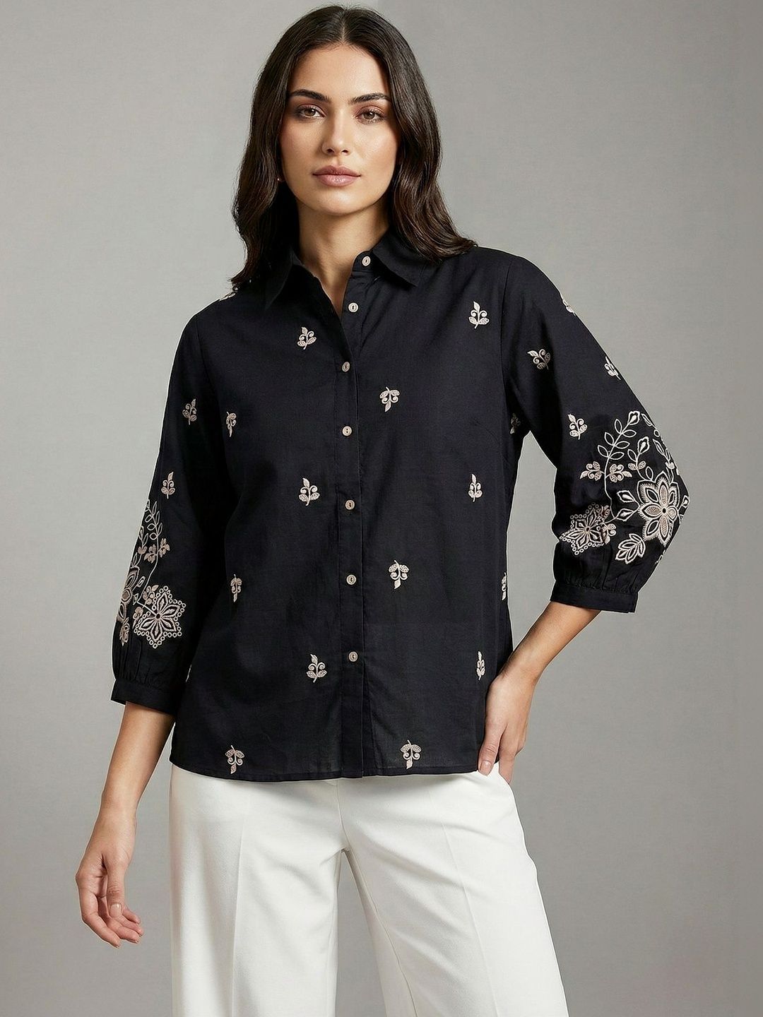 Women Shirt Collar Embroidered Ethnic Tunic