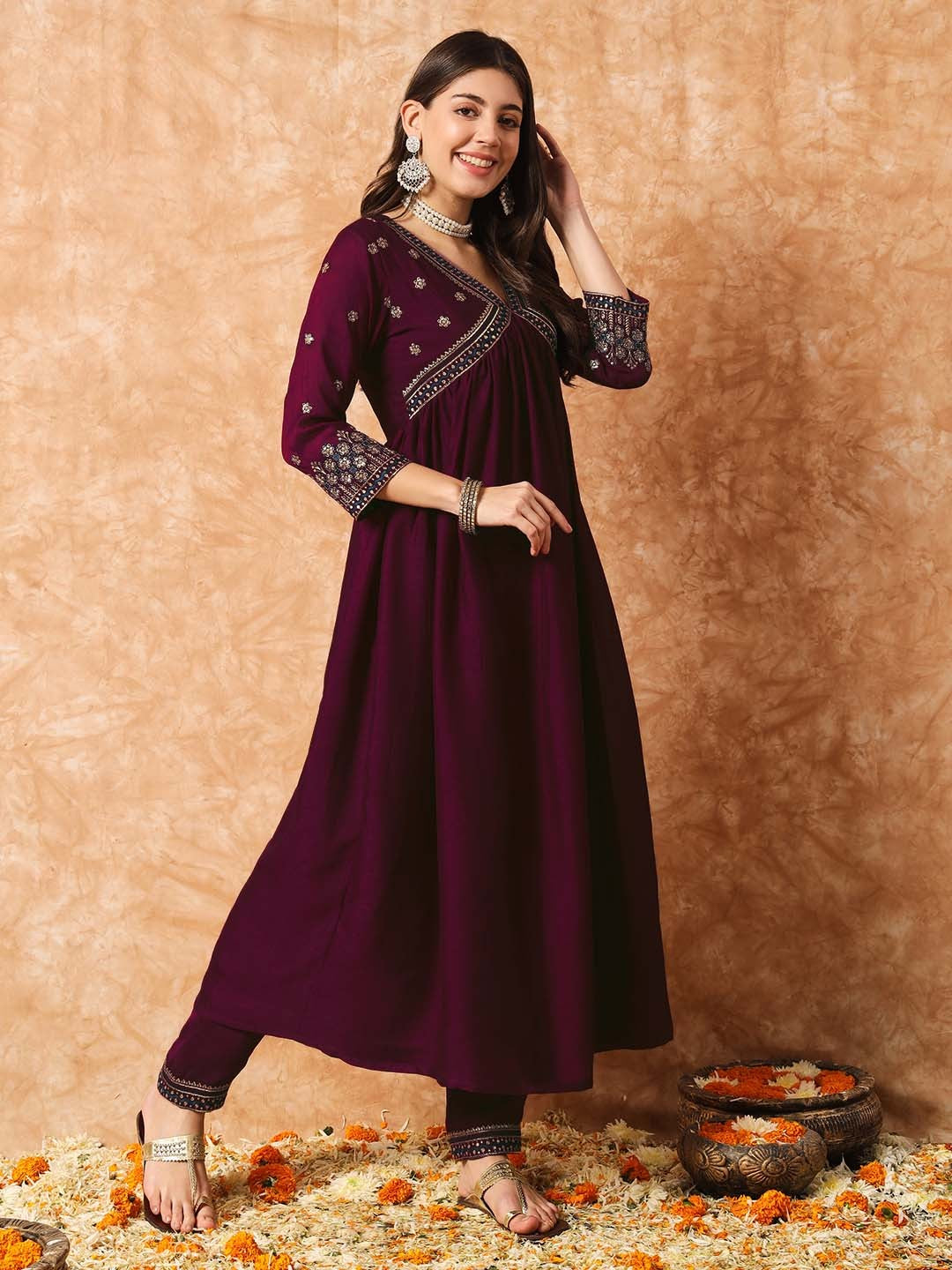 Floral Embroidered A-Line Kurta With Trousers & Dupatta