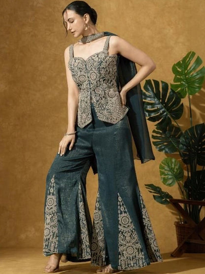 Women Embroidered Top with Palazzos & Jacket