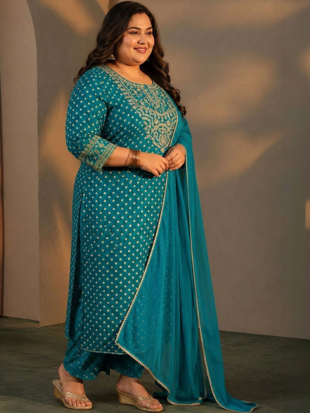 Plus Size Blue Bandhani Printed Silk Blend Straight Suit Set With Dupatta