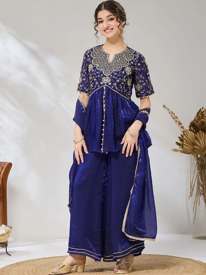Girls Royal Blue Embroidered Peplum Kurta And Plazzo With Dupatta Set