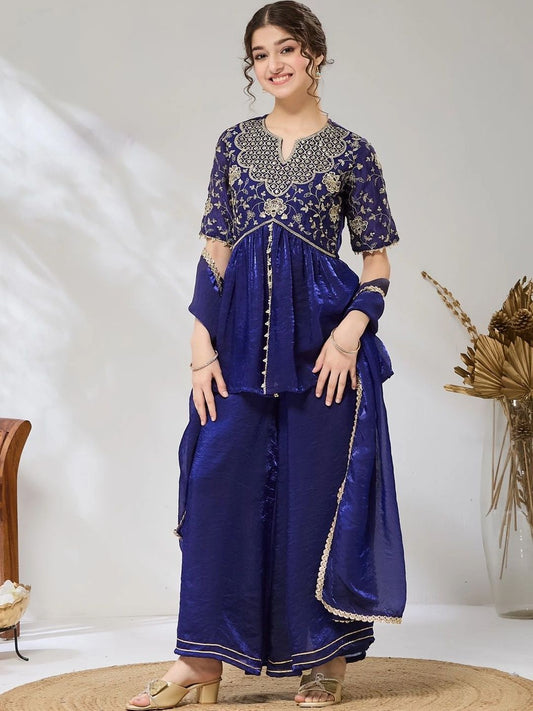 Girls Royal Blue Embroidered Peplum Kurta And Plazzo With Dupatta Set