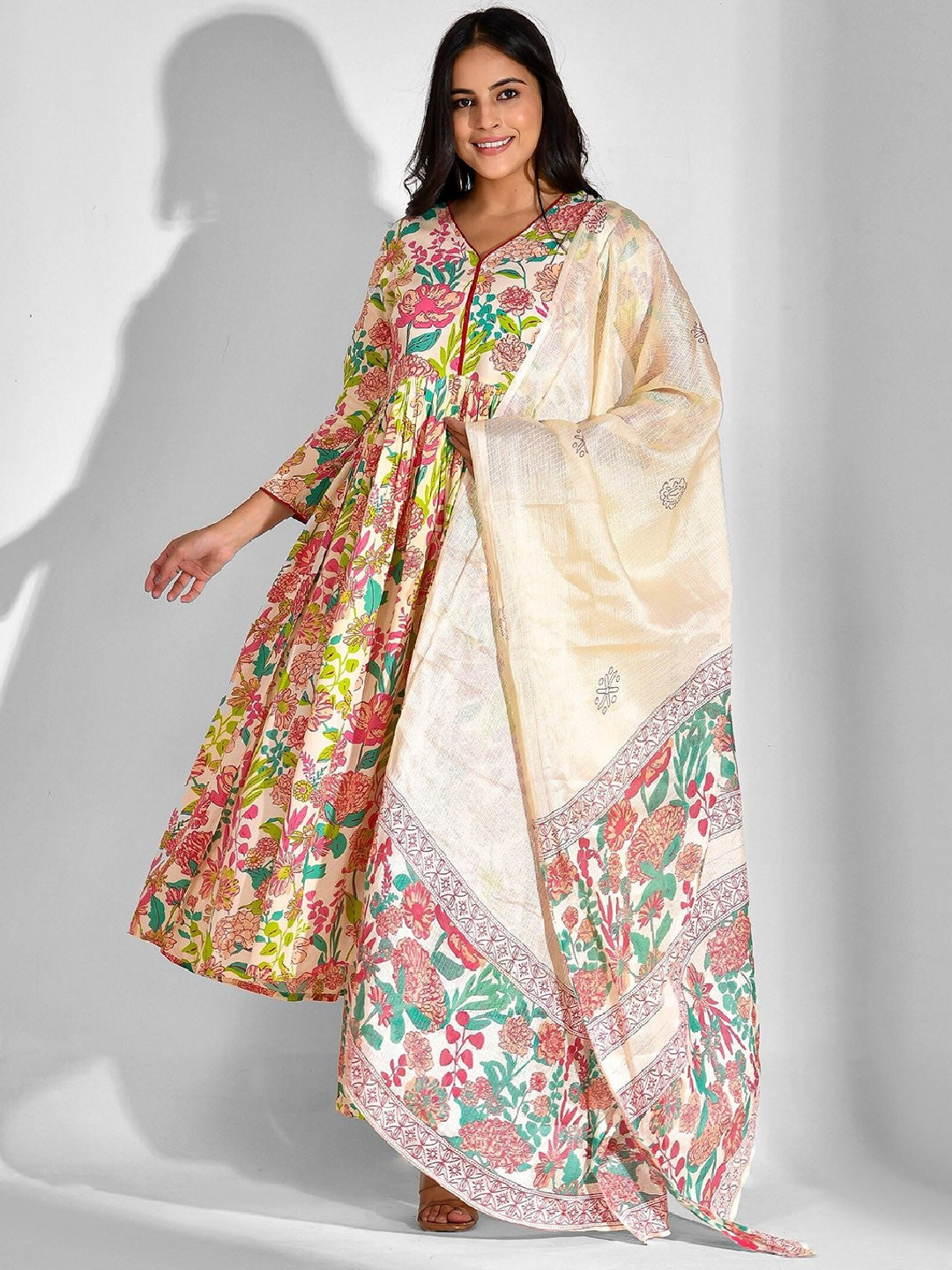 Floral Printed V-Neck Anarkali Kurta With Palazzos & Dupatta