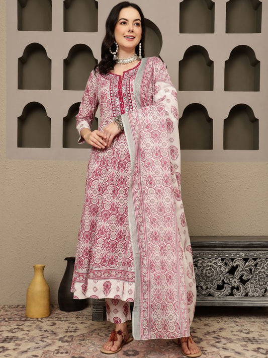 Mauve Paisley Embroidered Sequinned Anarkali Kurta With Trousers & Dupatta