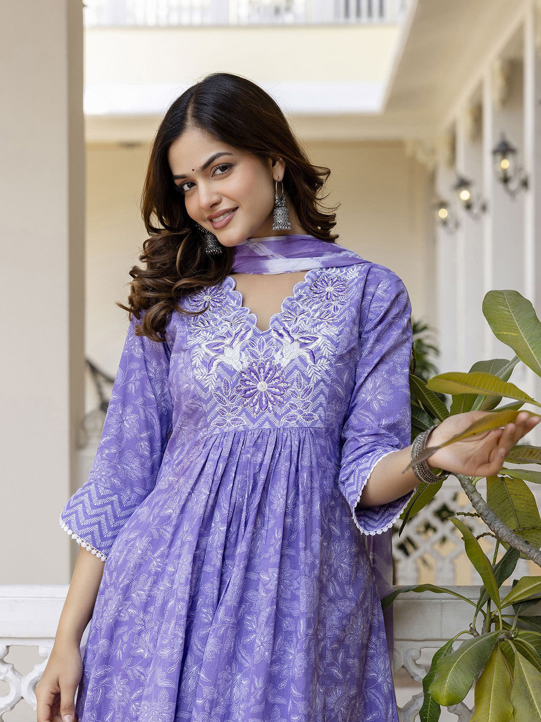 Floral Embroidered Sequinned Empire A-Line Pure Cotton Kurta With Trousers & Dupatta