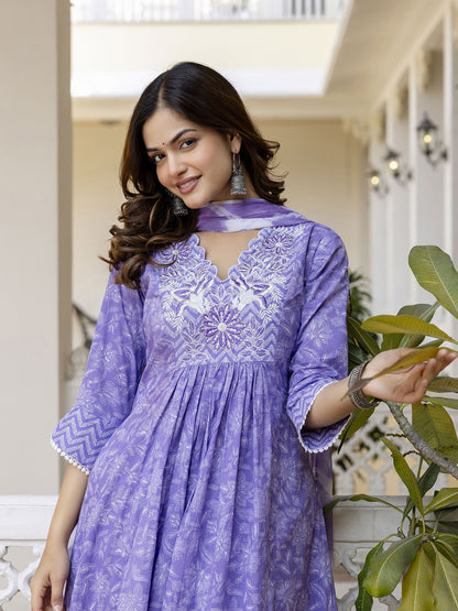 Floral Embroidered Sequinned Empire A-Line Pure Cotton Kurta With Trousers & Dupatta