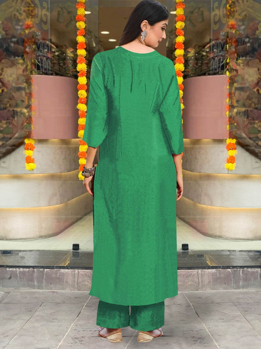 V-Neck Green Straight Kurta with Palazzos