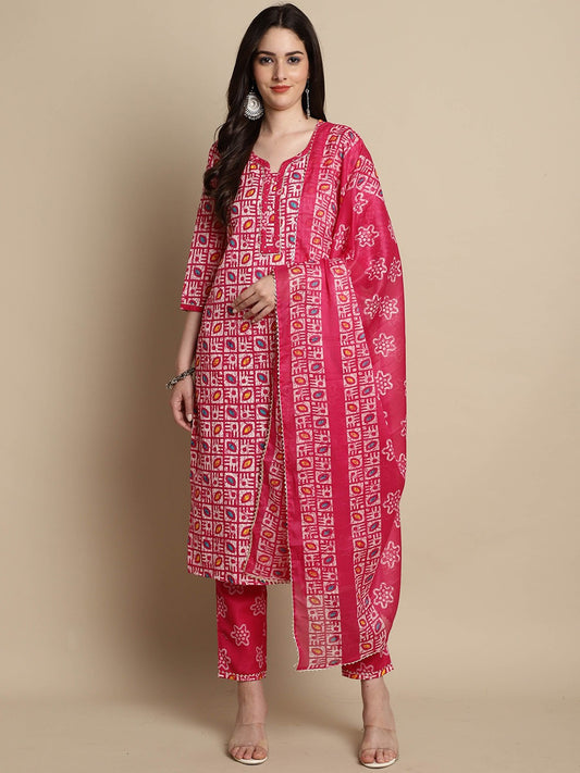 Women Printed Regular Kurti with Trousers & With Dupatta