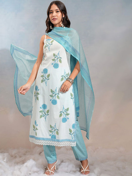 Floral Printed Shoulader Strap Pure Cotton Straight Kurta & Trousers With Dupatta