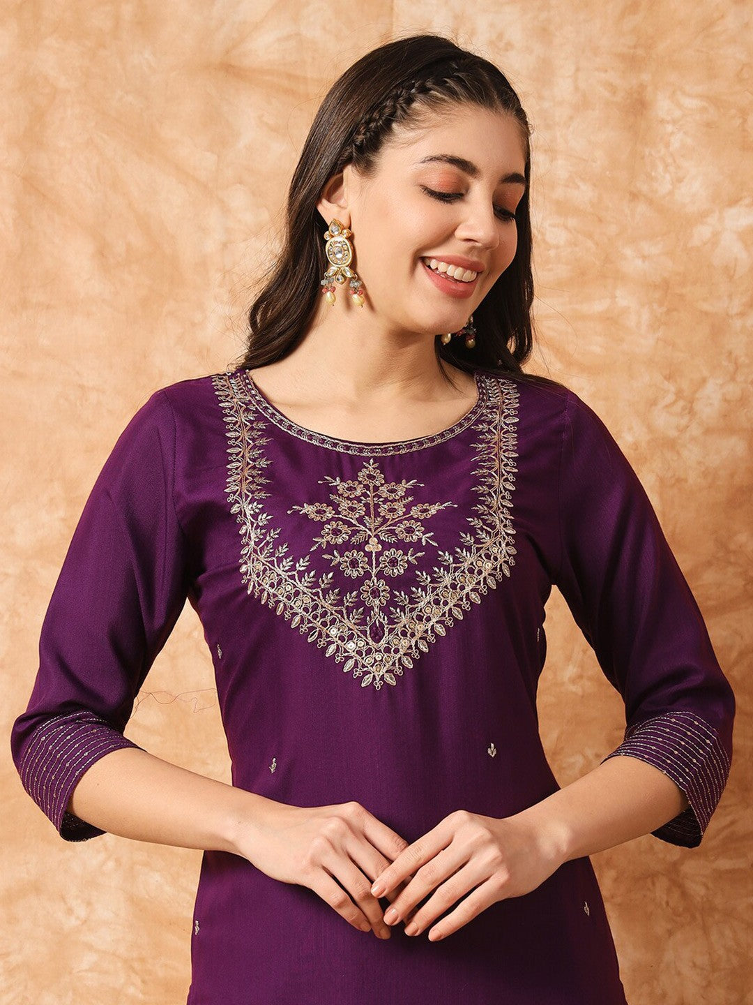 Ethnic Motifs Embroidered Straight Kurta & Trousers With Dupatta