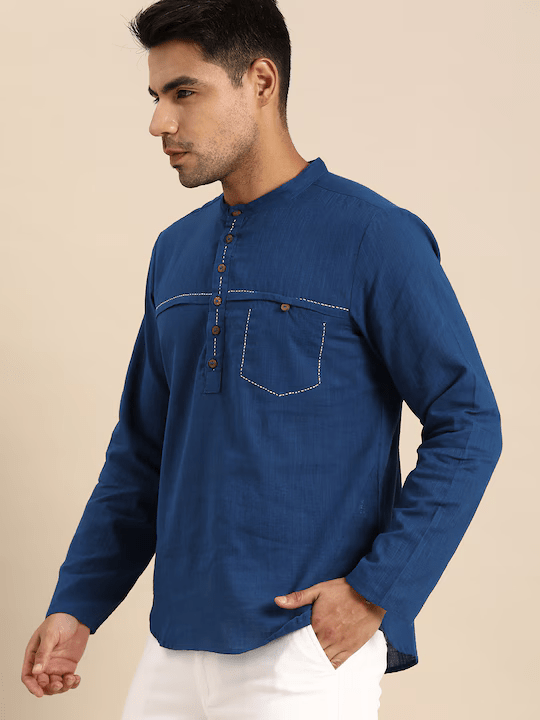 Men Navy Blue Thread Work Kurta