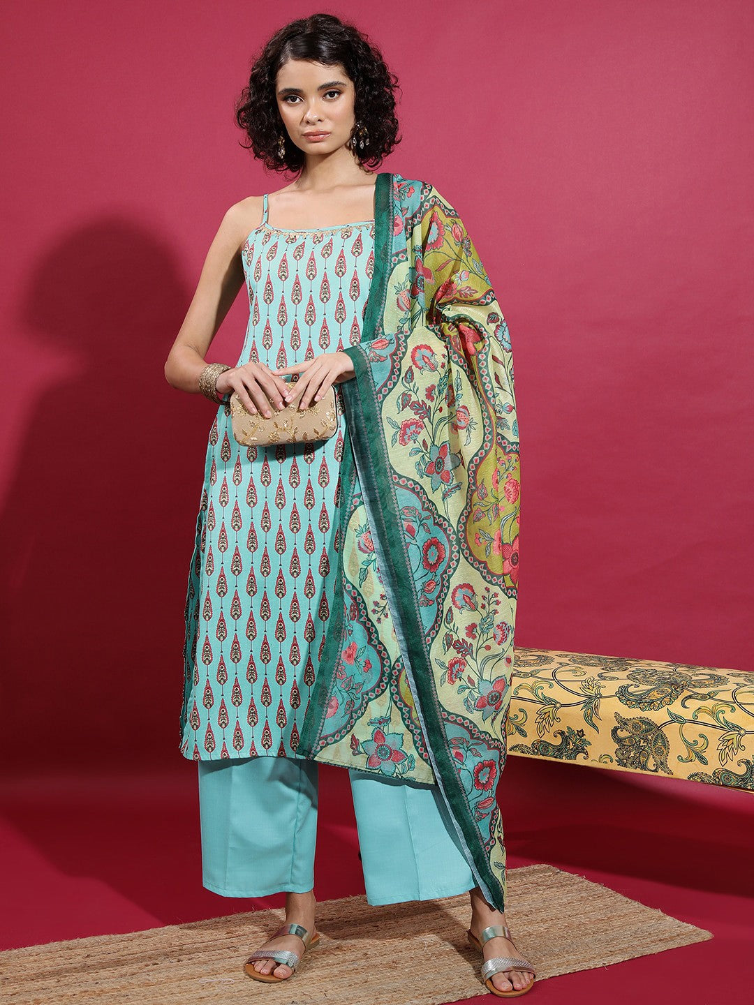 Ethnic Motifs Printed Shoulder Straps Straight Kurta & Palazzos With Dupatta