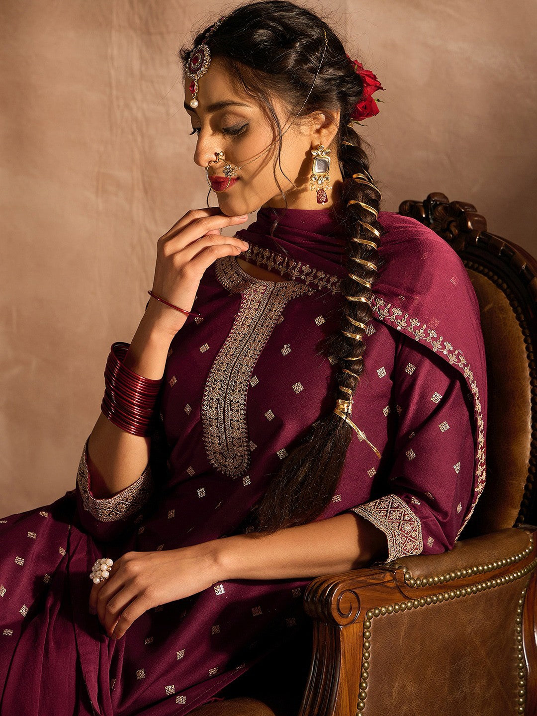 Ethnic Motifs Embroidered Sequinned Straight Kurta with Trousers & Dupatta